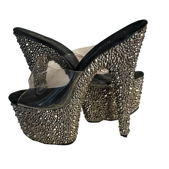 Pleaser Shoes - PLEASER Bejeweled Platform Slides Sandals Gunmetal Rhinestone Studs Fits Size 8